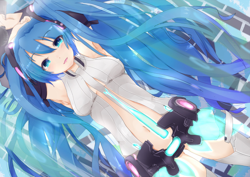 1girl aqua_eyes armpits arms_up blue_hair bridal_gauntlets center_opening hatsune_miku long_hair microphone miku_append navel ra_i solo thighhighs twintails very_long_hair vocaloid vocaloid_append