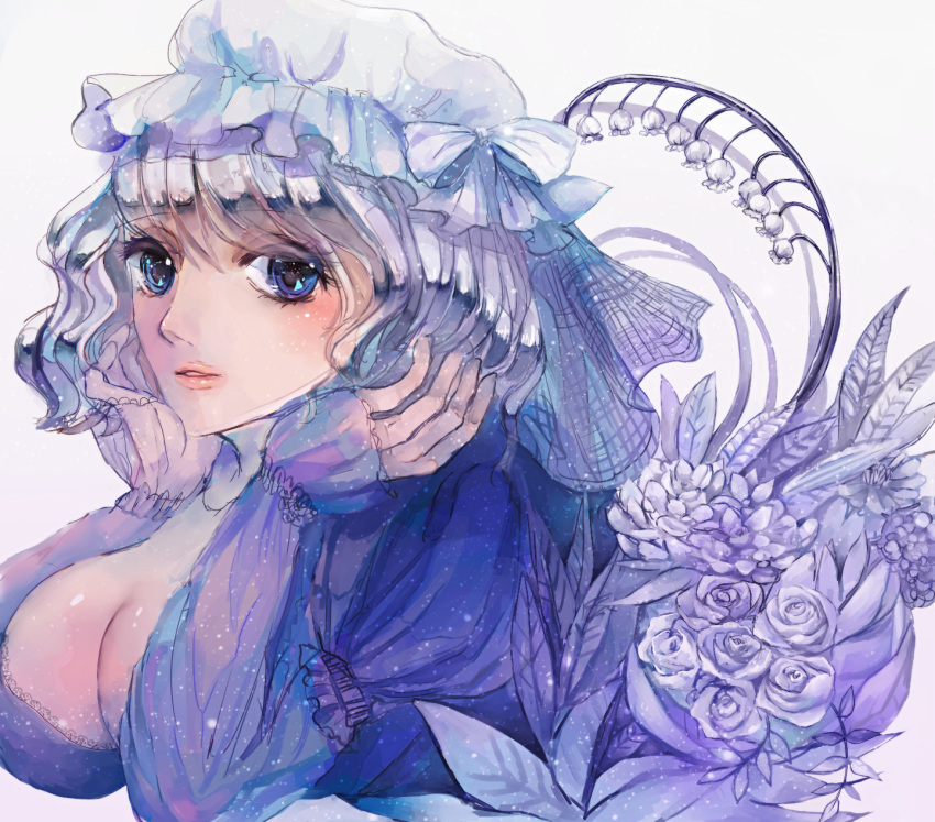 1girl adapted_costume blue_eyes bow breasts cleavage expressionless flower hat hat_bow highres juliet_sleeves large_breasts lavender_hair letty_whiterock long_sleeves looking_at_viewer mikazuki_yurayura mob_cap puffy_sleeves short_hair solo touhou