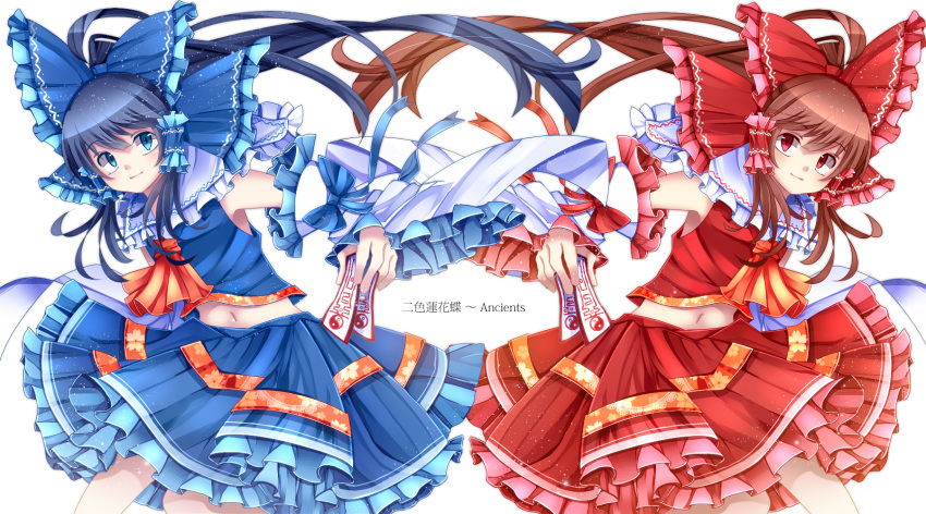 1girl alternate_color arm_up armpits aru16 ascot blue_eyes blue_hair bow brown_hair detached_sleeves frilled_bow frilled_skirt frills hair_bow hair_tubes hakurei_reimu highres leaning_forward light_smile looking_at_viewer midriff navel ofuda player_2 ponytail red_eyes simple_background skirt skirt_set symmetry touhou white_background