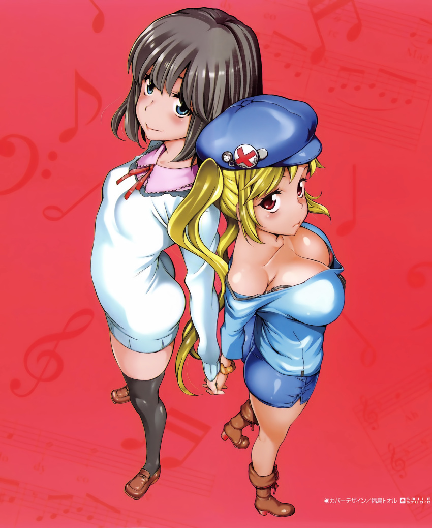 2girls absurdres amatarou ass back-to-back black_bra black_hair black_legwear blonde_hair blue_eyes boots bra breasts cabbie_hat cleavage down_blouse full_body hat highres holding_hands large_breasts loafers long_hair multiple_girls original red_eyes scan shoes short_shorts shorts small_breasts smile strap_slip sweater_dress thighhighs twintails underwear