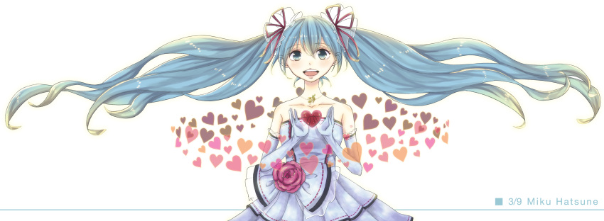 1girl 39 absurdres aqua_eyes aqua_hair character_name dress elbow_gloves floating_hair gloves hair_ribbon hatsune_miku heart highres jewelry long_hair necklace open_mouth ribbon solo spring_onion twintails very_long_hair vocaloid