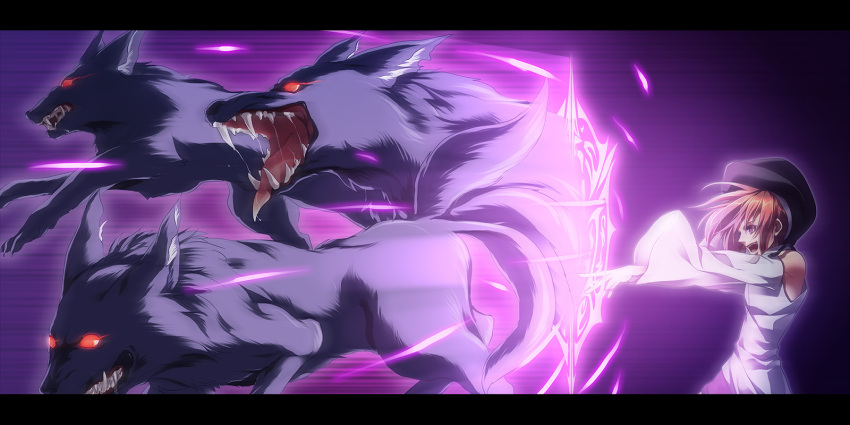 1girl animal brown_eyes brown_hair detached_sleeves fangs glowing glowing_eyes highres hood killingrock magic_circle multiple_tails open_mouth original outstretched_arms pixiv_fantasia pixiv_fantasia_fallen_kings purple_background red_eyes short_hair smile tail wolf