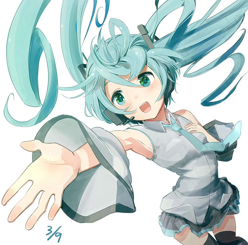 1girl 39 aqua_hair detached_sleeves green_eyes hand_on_own_chest hatsune_miku headset highres kemu_(pixiv463430) long_hair necktie open_mouth outstretched_arm skirt solo thighhighs twintails vocaloid white_background