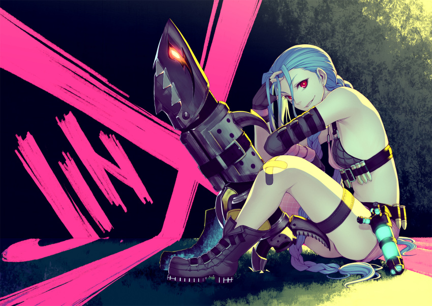 1girl bandaid bare_shoulders boots braid bullet character_name fingerless_gloves gloves highres jinx_(league_of_legends) kimura_daisuke league_of_legends light_smile long_hair looking_at_viewer red_eyes rocket_launcher sitting solo very_long_hair weapon