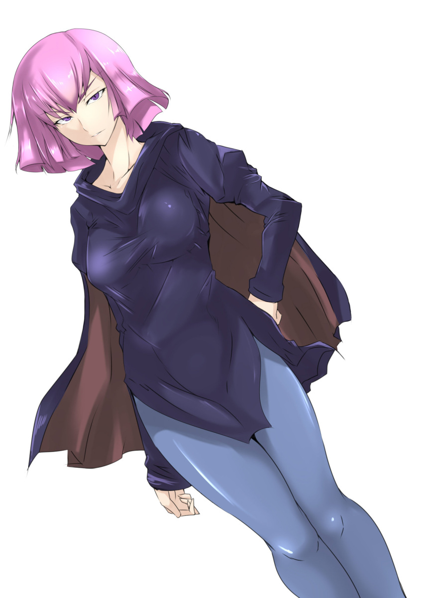 1girl blue_legwear breasts cape dress gundam gundam_zz haman_karn hand_on_hip highres pantyhose pink_hair short_hair simple_background solo violet_eyes zeta_gundam