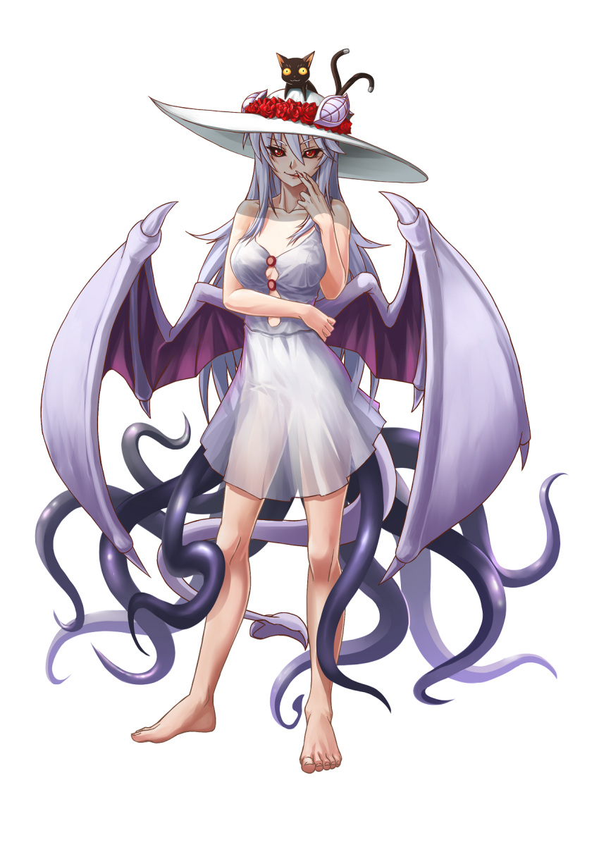 1girl barefoot black_cat cat dress hat highres horns lilim_(monster_girl_encyclopedia) long_hair maritan_(artist) monster_girl_encyclopedia multiple_tails original red_eyes solo tail tentacles very_long_hair white_hair wings