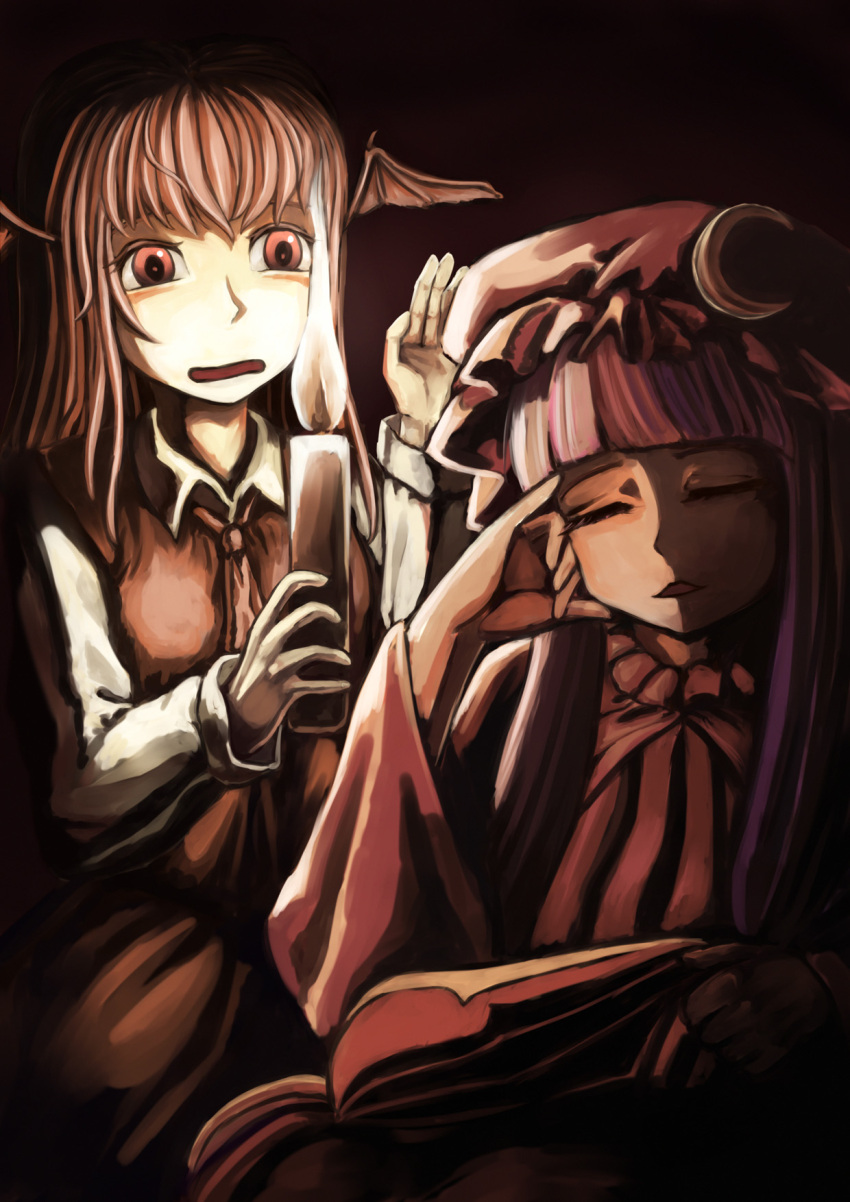 2girls amibazh blouse candle closed_eyes dress hand_on_head hat head_wings highres holding koakuma long_hair long_sleeves mob_cap multiple_girls patchouli_knowledge purple_hair red_eyes redhead tagme touhou vest wide_sleeves