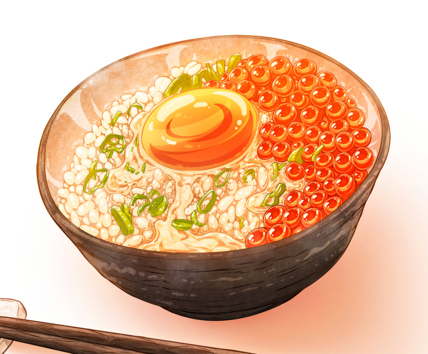 bowl chopsticks egg food imizu_(nitro_unknown) no_humans rice roe spring_onion still_life