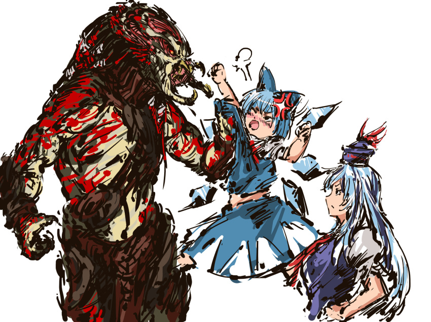 2girls anger_vein blue_hair bow cirno collar_grab crossover hair_bow hat height_difference highres ice ice_wings kamishirasawa_keine lifting_person multiple_girls predator predator_(film) red_eyes tokin_hat touhou wings