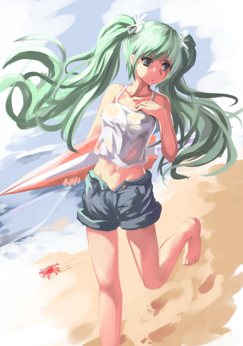 1girl absurdres bare_arms bare_shoulders barefoot beach blue_eyes blue_sky chemise clouds collarbone crab green_hair hair_ribbon hatsune_miku highres long_hair lu_hao_liang midriff navel parasol ribbon shorts sky solo twintails umbrella very_long_hair vocaloid