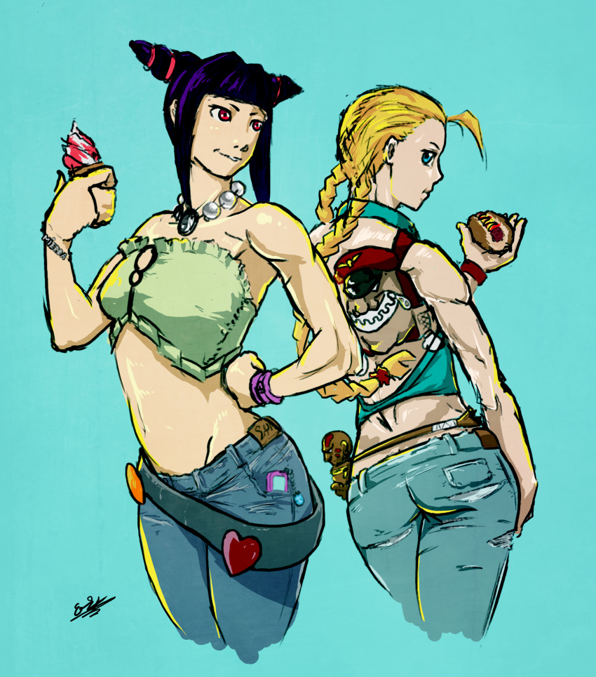 absurdres ahoge ass back-to-back belt black_hair blonde_hair bracelet braid cameo cammy_white casual dhalsim eganto food from_behind han_juri hand_on_hip highres hot_dog ice_cream jeans jewelry long_hair midriff no_hat short_twintails street_fighter toned twin_braids twintails vega violet_eyes