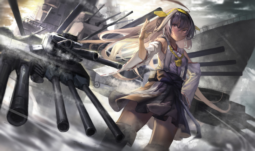 1girl ahoge battleship boots brown_eyes brown_hair detached_sleeves ghostas hand_on_hip headgear highres imperial_japanese_navy kantai_collection kongou_(battleship) kongou_(kantai_collection) nontraditional_miko personification ship skirt smoke solo standing thigh-highs thigh_boots