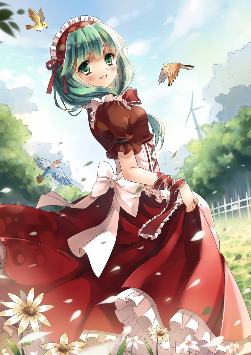 1girl absurdres adapted_costume alternate_costume bird blue_sky blush clouds dress dress_lift enmaided fence flower front_ponytail green_eyes green_hair highres jiji_(381134808) kagiyama_hina looking_at_viewer maid maid_apron maid_headdress petals puffy_sleeves red_dress sash short_sleeves sky smile solo touhou tree windmill wrist_ribbon
