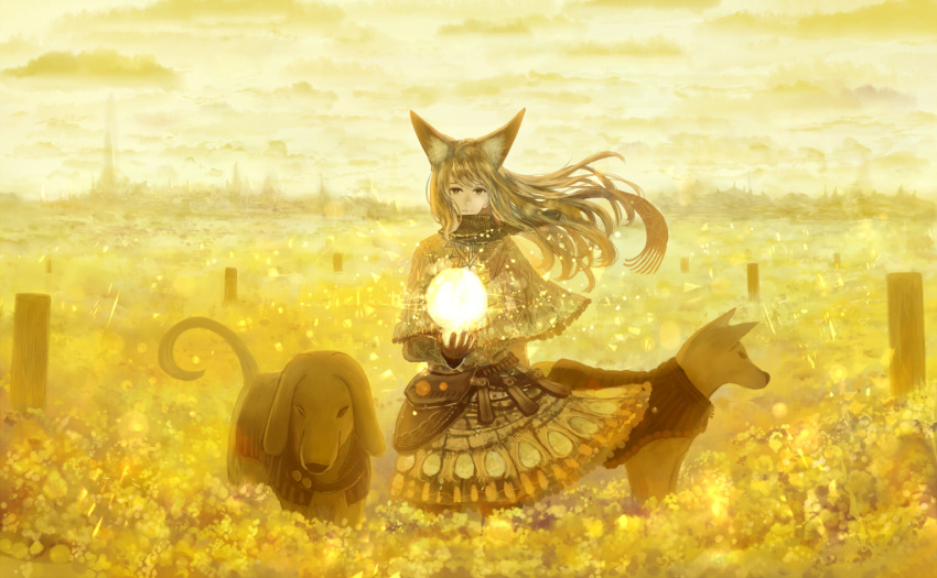 1girl animal_ears belt bou_nin capelet clouds cloudy_sky dog dress field long_hair looking_at_viewer magic original pouch scarf scenery sky solo wind