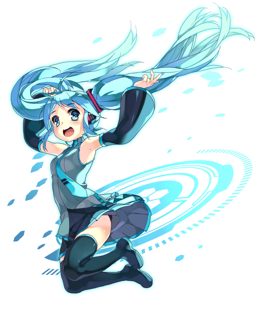 1girl ahoge aqua_eyes aqua_hair arms_up boots btoor detached_sleeves floating_hair hatsune_miku highres jumping long_hair necktie open_mouth skirt solo thigh_boots thighhighs twintails very_long_hair vocaloid