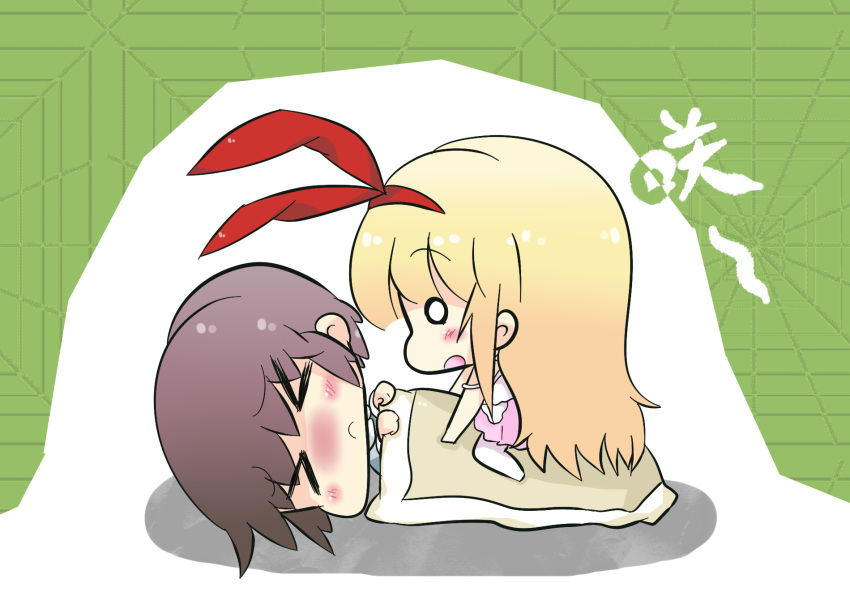 &gt;_&lt; 2girls amae_koromo blonde_hair brown_hair chibi highres long_hair miyanaga_saki multiple_girls o_o pixiv_thumbnail plug_(feng-yushu) saki short_hair sleeping straddling