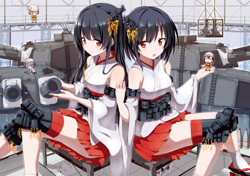 2girls absurdres ayuya_naka_no_hito bare_shoulders black_hair breasts detached_sleeves fairy_(kantai_collection) fusou_(kantai_collection) hair_ornament helmet highres japanese_clothes kantai_collection long_hair multiple_girls open_mouth personification red_eyes short_hair smile turret yamashiro_(kantai_collection)