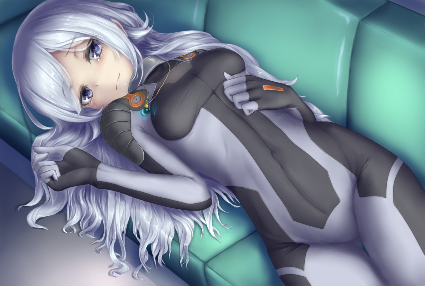 1girl aila_jyrkiainen bodysuit breasts clothed_navel couch gundam gundam_build_fighters jewelry kamomen long_hair lying necklace on_back silver_hair solo tears violet_eyes