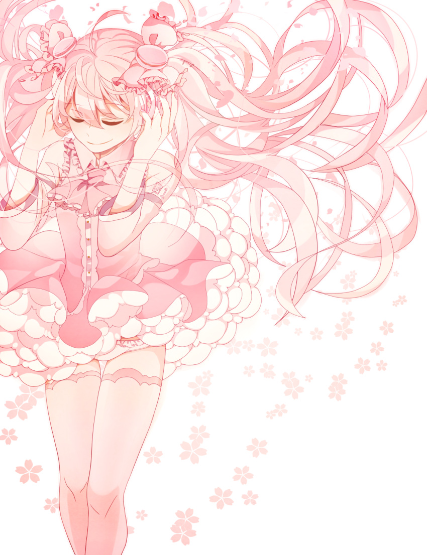 1girl bow closed_eyes detached_sleeves floating_hair hair_bow hatsune_miku highres kurono_kito long_hair pink pink_hair sakura_miku simple_background skirt smile solo thighhighs twintails very_long_hair vocaloid white_background