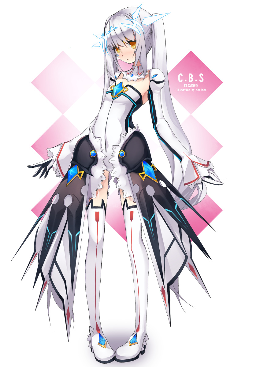 1girl absurdres boots elsword eve_(elsword) flat_chest grey_hair highres long_hair long_sleeves open_skirt sheltea solo thigh_boots thighhighs twintails white_background white_hair white_legwear yellow_eyes