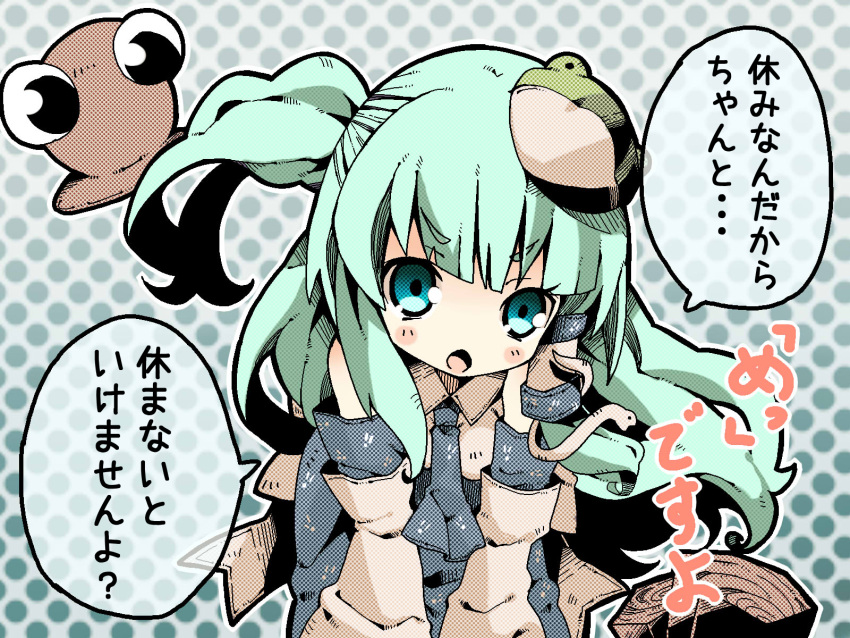 1girl alternate_hairstyle bent_over detached_sleeves front_ponytail green_eyes green_hair hair_ornament halftone halftone_background highres kochiya_sanae long_hair long_sleeves looking_at_viewer necktie open_mouth pyonta shunsuke side_ponytail snake_hair_ornament touhou translation_request very_long_hair