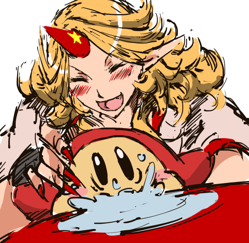 blonde_hair blush_stickers drunk fingernails forced highres horn hoshiguma_yuugi kirby_(series) laughing long_fingernails long_hair nail_polish nameo_(judgemasterkou) pointy_ears sakazuki sharp_fingernails touhou waddle_dee