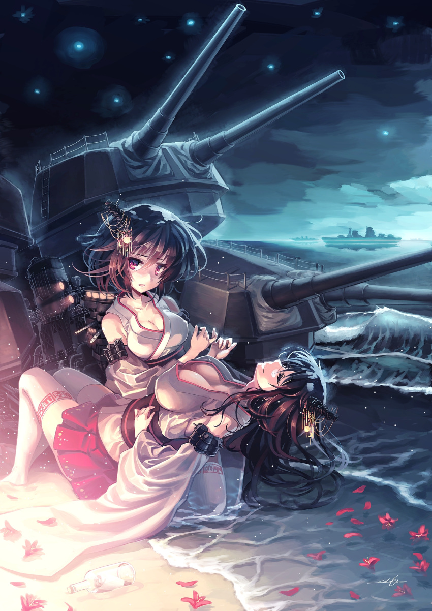 2girls bare_shoulders beach black_hair blush bottle breasts cannon cleavage detached_sleeves fusou_(kantai_collection) hair_ornament highres japanese_clothes kantai_collection long_hair message_in_a_bottle multiple_girls night nontraditional_miko obi ocean open_mouth orita_enpitsu partially_submerged personification petals red_eyes sand sash ship short_hair sitting skirt smile thigh-highs turret water white_legwear yamashiro_(kantai_collection)