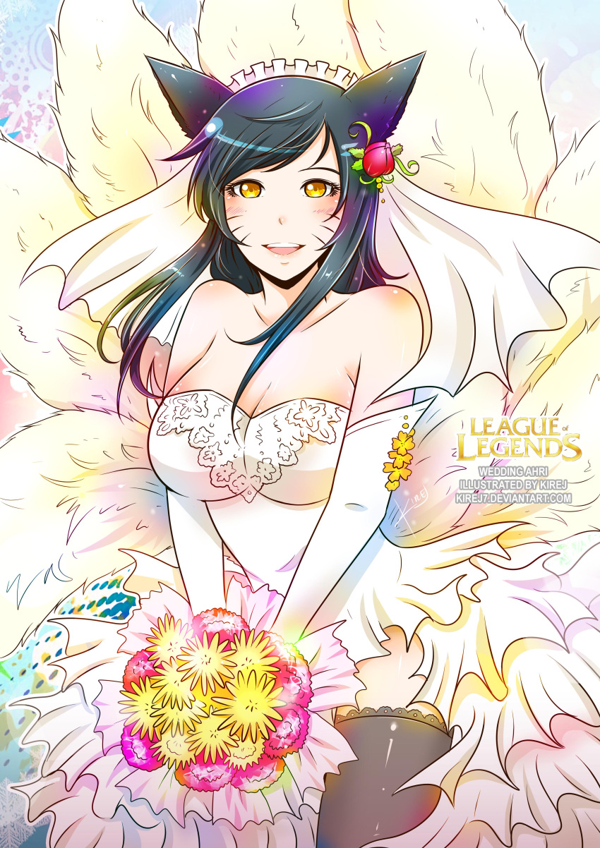 absurdres ahri animal_ears bare_shoulders black_hair black_legwear blush bouquet breasts bridal_veil cleavage dress elbow_gloves facial_mark flower fox_ears fox_tail gloves hair_flower hair_ornament highres kirej large_breasts league_of_legends long_hair multiple_tails smile strapless_dress tail thigh-highs veil wedding_dress whisker_markings white_dress yellow_eyes