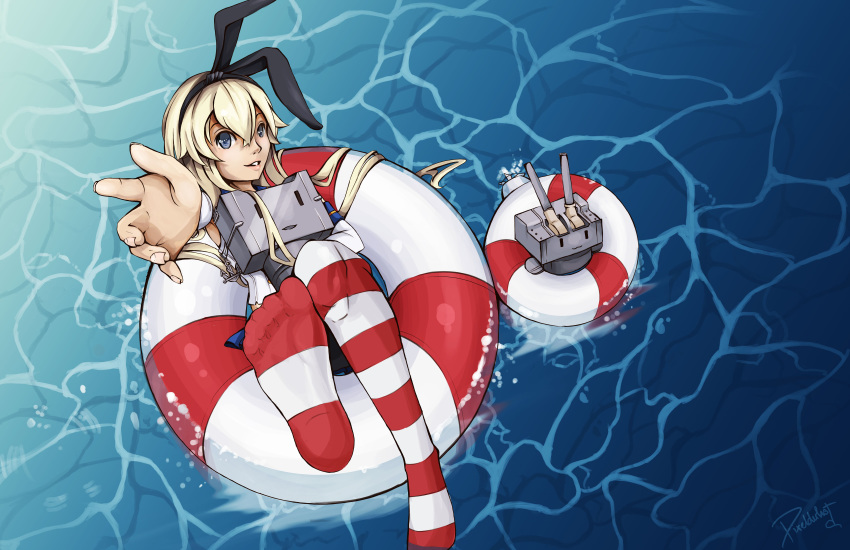 1girl absurdres blonde_hair floating highres innertube kantai_collection long_hair outstretched_arm outstretched_hand pixelduhst rensouhou-chan shimakaze_(kantai_collection) striped striped_legwear thigh-highs water