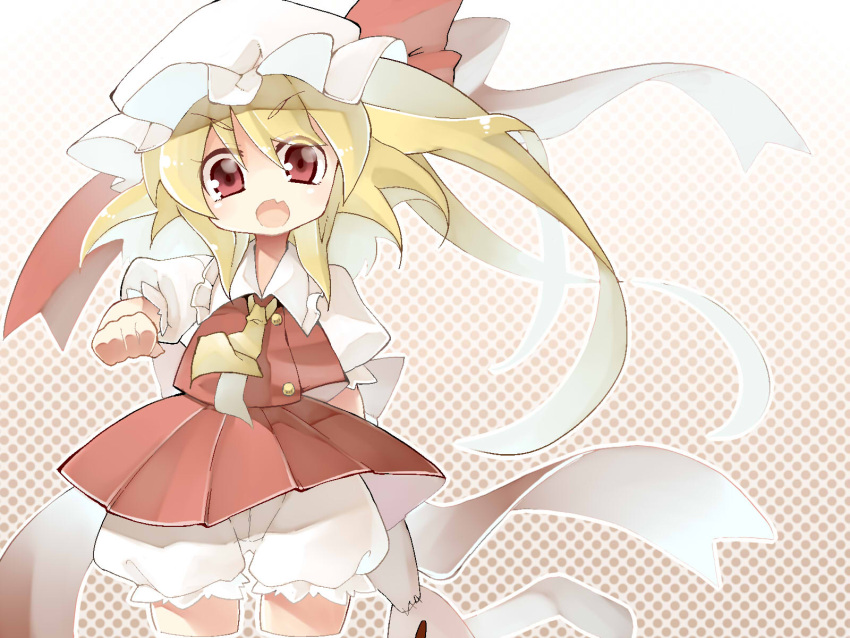 1girl ascot blonde_hair bloomers bow fang flandre_scarlet halftone halftone_background hat hat_bow highres looking_at_viewer mob_cap no_wings open_mouth puffy_sleeves red_eyes sash shirt short_sleeves shunsuke side_ponytail skirt skirt_set smile solo touhou underwear vest