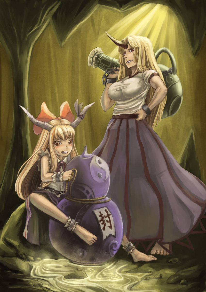 2girls amibazh anklet barefoot blonde_hair bow breasts brown_eyes cave chain cuffs gourd grin hair_bow highres horn horn_ribbon horns hoshiguma_yuugi ibuki_suika jewelry large_breasts long_hair long_skirt looking_at_viewer multiple_girls oni pot red_eyes ribbon shackles shirt sitting skirt smile standing touhou