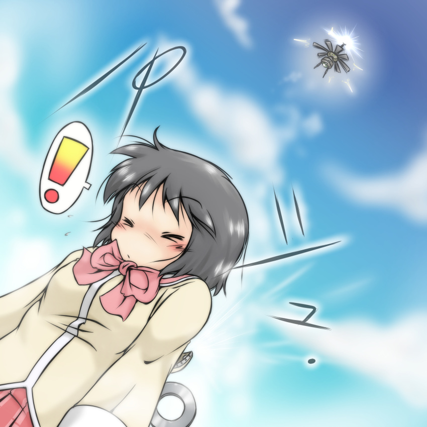 1girl android armored_core black_hair blush bowtie closed_eyes clouds cloudy_sky crossover dutch_angle from_below gaketsu highres mecha nichijou no_nose recon_unit red_skirt school_uniform science_fiction shinonome_nano short_hair skirt sky solo spoken_exclamation_mark winding_key