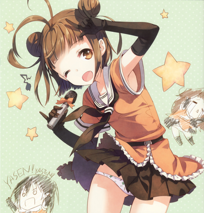 1girl ahoge antenna_hair brown_eyes brown_hair double_bun elbow_gloves fang gloves green_background h2so4 highres holding kantai_collection looking_at_viewer microphone musical_note naka_(kantai_collection) open_mouth panties personification pleated_skirt polka_dot polka_dot_background print_panties school_uniform serafuku short_hair skirt sleeveless solo sparkle_eyes star underwear white_panties wink
