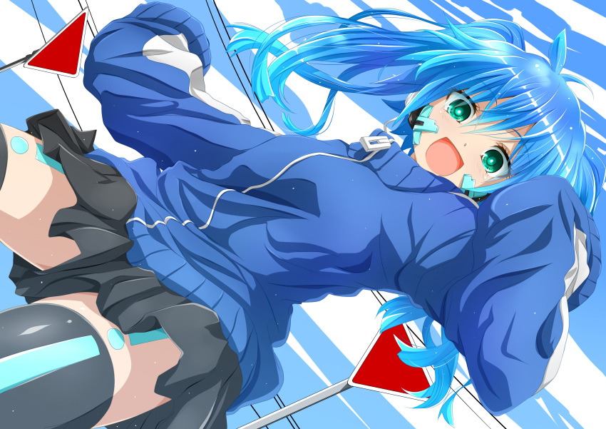 1girl absurdres aqua_eyes black_legwear blue_hair dutch_angle ene_(kagerou_project) headphones highres kagerou_project long_hair looking_at_viewer open_mouth skirt sleeves_past_wrists solo thigh-highs track_jacket twintails watarui