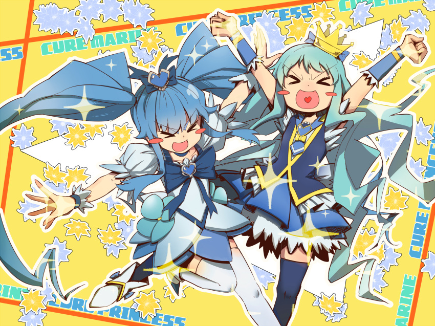 &gt;_&lt; 2girls blue_dress blue_hair blue_legwear blue_skirt blush boots character_name choker closed_eyes color_connection cosplay costume_switch crossover crown cure_marine cure_marine_(cosplay) cure_princess cure_princess_(cosplay) dress english hair_ornament hair_ribbon happinesscharge_precure! happy hc2002 heart heart_hair_ornament heartcatch_precure! highres jewelry kurumi_erika long_hair magical_girl multiple_girls open_mouth precure puffy_sleeves ribbon shirayuki_hime shirt skirt thigh-highs thighs trait_connection twintails vest wavy_hair white_legwear wrist_cuffs yellow_background