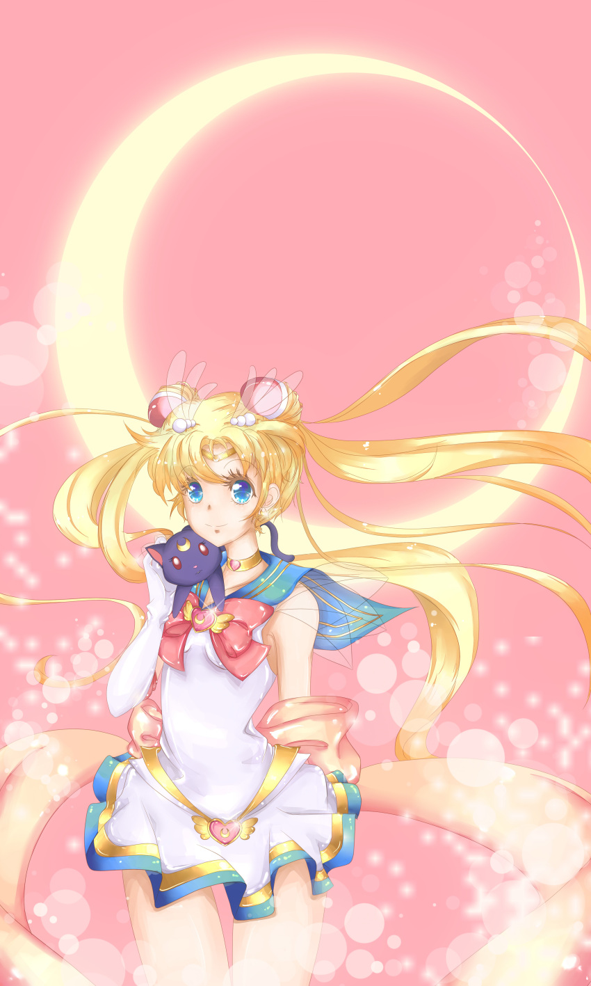 1girl absurdres animal_on_shoulder bishoujo_senshi_sailor_moon blonde_hair blue_eyes brooch bunnyisaac cat cat_on_shoulder choker crescent_moon double_bun gloves hair_ornament hairpin highres jewelry long_hair luna_(sailor_moon) magical_girl moon pink_background pleated_skirt sailor_collar sailor_moon skirt smile super_sailor_moon tiara tsukino_usagi twintails white_gloves