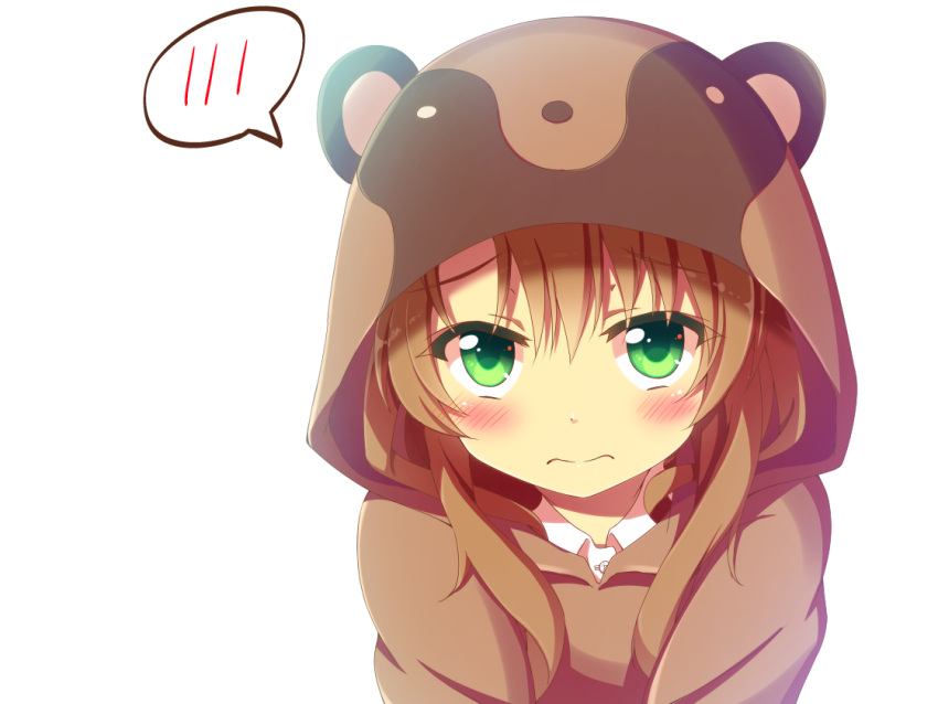 1girl animal_hood blush brown_hair green_eyes hood koshigaya_komari looking_at_viewer non_non_biyori raccoon_costume shefu solo spoken_blush