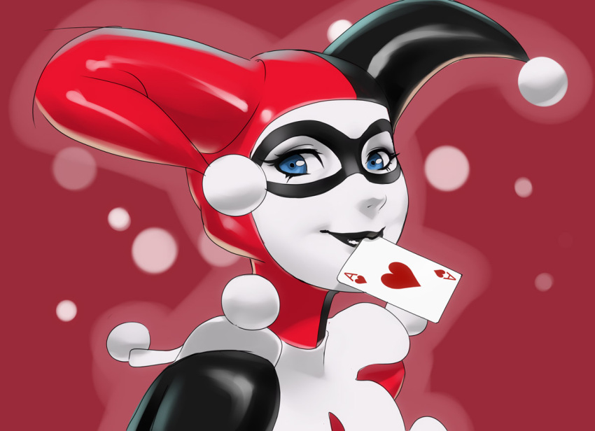 1girl ace_of_hearts batman_(series) black_lipstick blue_eyes bust card daniel_macgregor dc_comics harley_quinn hat jester_cap lipstick makeup mouth_hold playing_card smile solo white_skin