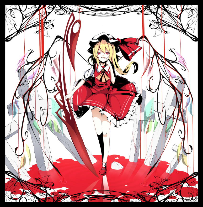 1girl ascot blonde_hair bow cross dress fami_(yellow_skies) finger_to_mouth flandre_scarlet frame hat hat_bow highres laevatein looking_at_viewer mob_cap pool_of_blood puffy_sleeves red_dress red_eyes short_sleeves side_ponytail solo touhou wings