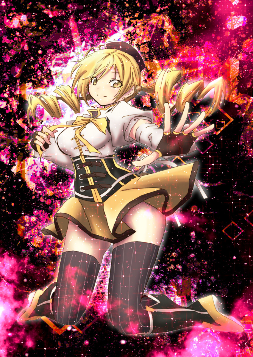 blonde_hair breasts corset drill_hair fingerless_gloves forestss gloves hat highres jumping magical_girl mahou_shoujo_madoka_magica skirt smile solo space striped striped_legwear thigh-highs tomoe_mami twin_drills vertical-striped_legwear vertical_stripes yellow_eyes