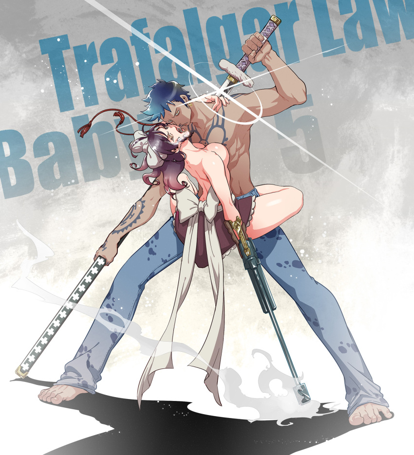 1boy 1girl black_hair character_request dress facial_hair gun highres leaning_back leg_hug mechanical_arm one_piece short_hair smoke sword tattoo topless trafalgar_law weapon yumiya