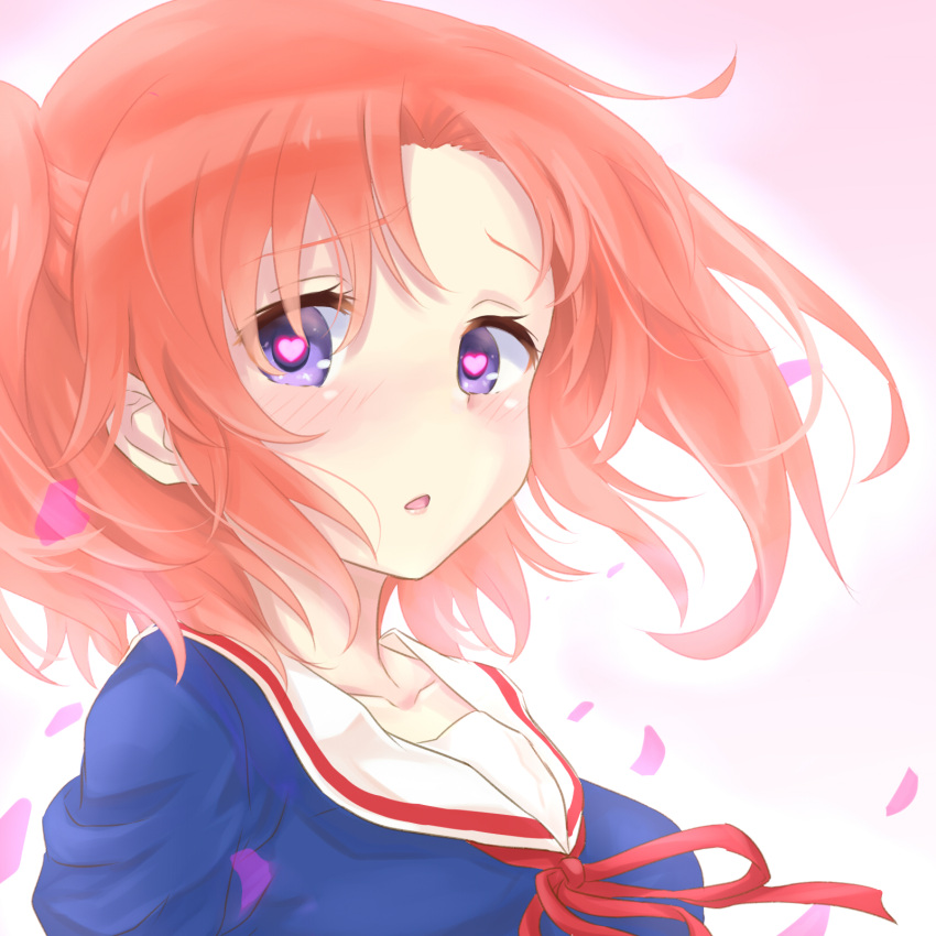 1girl blush breasts close-up heart heart-shaped_pupils highres mikakunin_de_shinkoukei open_mouth pink_hair short_hair solo symbol-shaped_pupils twintails two_side_up violet_eyes wind yonomori_kobeni