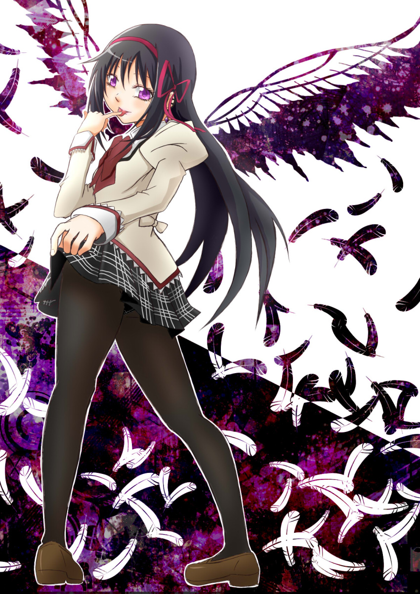 :p akemi_homura black_hair black_legwear earrings feathers finger_to_mouth flats forestss from_behind hair_ribbon hairband highres jewelry looking_back mahou_shoujo_madoka_magica naughty_face pantyhose pigeon-toed red_ribbon ribbon school_uniform skirt skirt_lift solo tongue violet_eyes wings