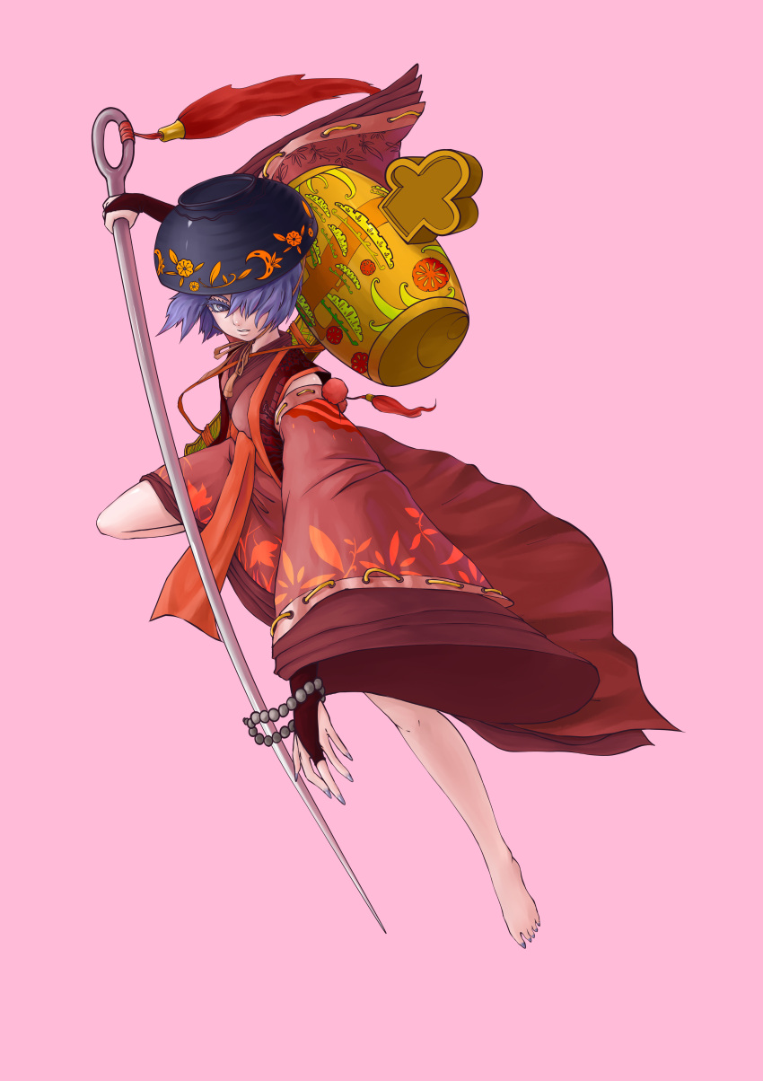 1girl absurdres adapted_costume barefoot bowl bracelet bridal_gauntlets chongtian_yixiao_shualuanfei detached_sleeves hair_over_one_eye hat highres japanese_clothes jewelry kimono mallet needle pink_background purple_hair simple_background solo sukuna_shinmyoumaru tassel touhou violet_eyes