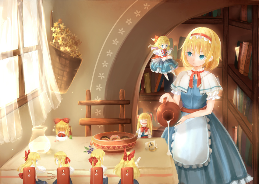 1girl absurdres alice_margatroid apron basket bespectacled blonde_hair blue_eyes blueberry book bookshelf bow bowl capelet chair closed_eyes cup curtains doughnut dress expressionless fang flower flying food fruit glasses hair_bow hairband highres indoors jug lolita_hairband long_hair looking_away lu_(tabasa1991) milk open_book open_mouth pencil pointing puffy_short_sleeves puffy_sleeves ribbon sash semi-rimless_glasses shanghai_doll short_hair short_sleeves sleeping solo spilling table tablecloth touhou under-rim_glasses waist_apron window