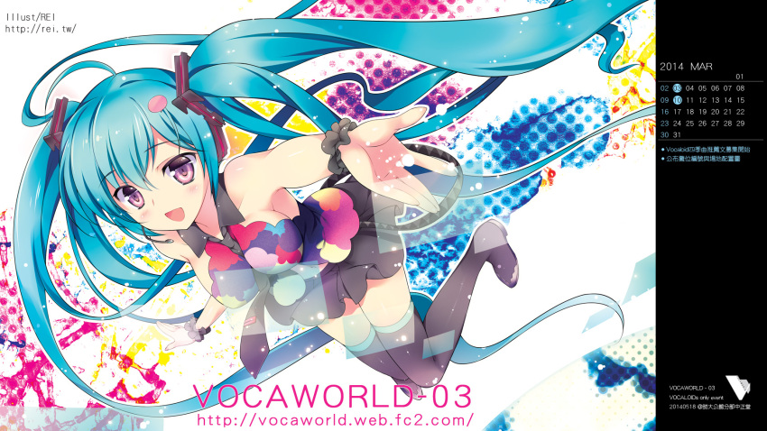 1girl aqua_hair artist_name boots hatsune_miku headset highres long_hair necktie open_mouth rei_(rei's_room) skirt solo tell_your_world_(vocaloid) thigh-highs thigh_boots twintails very_long_hair violet_eyes vocaloid