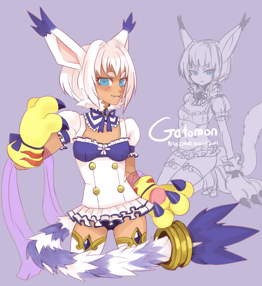 1girl blue_(hopebiscuit) blue_eyes blush dark_skin detached_collar digimon eyebrows fang gloves hair_intakes highres paw_gloves personification short_hair tail tailmon thick_eyebrows thigh-highs white_hair