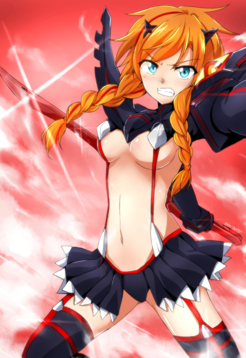 1girl anna_(frozen) blue_eyes braid breasts cosplay freckles frozen_(disney) highres kago-tan kill_la_kill long_hair looking_at_viewer matoi_ryuuko matoi_ryuuko_(cosplay) midriff navel orange_hair senketsu signature skirt solo stockings suspenders thigh-highs twin_braids under_boob