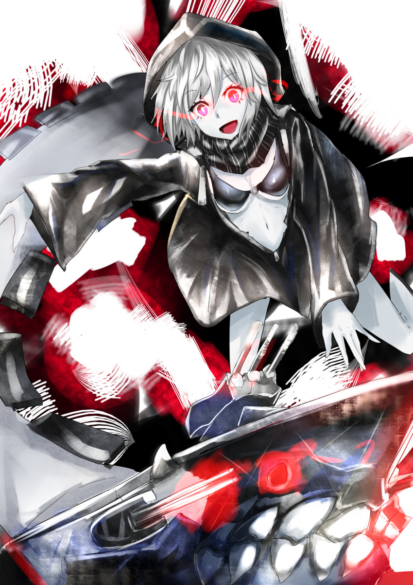 1girl artist_request glowing glowing_eyes highres hood jacket kantai_collection open_mouth re-class_battleship red_eyes shinkaisei-kan short_hair silver_hair smile tail