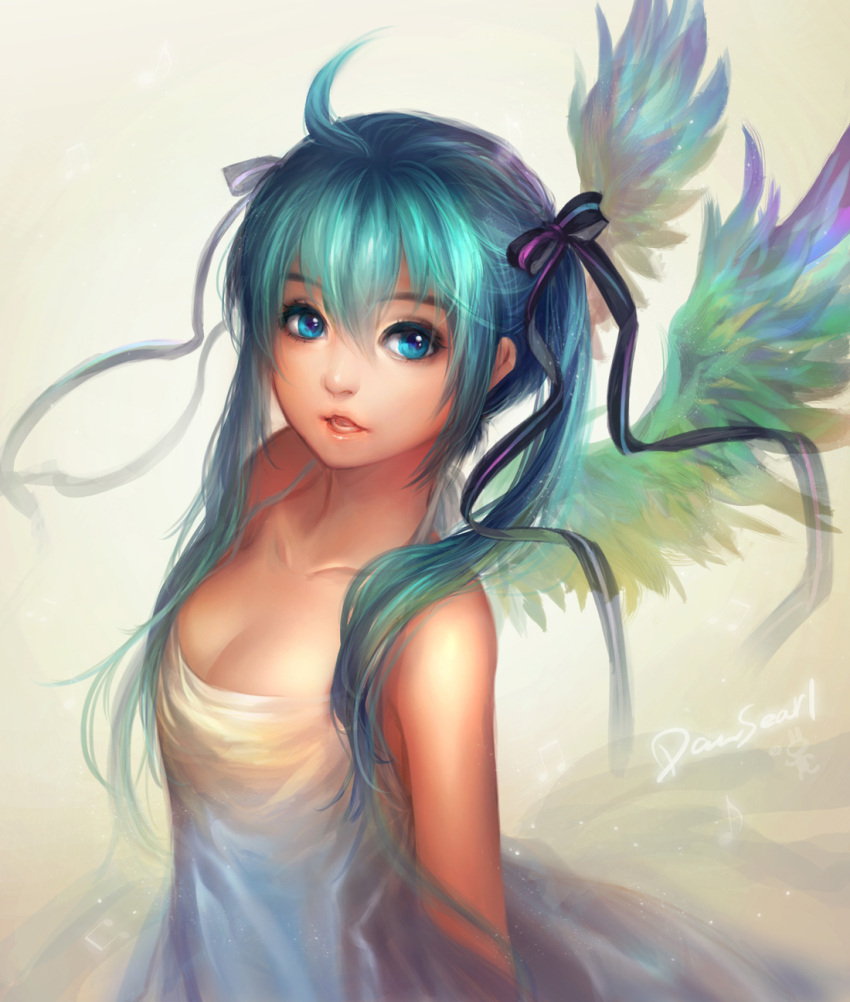 1girl ahoge aqua_hair bare_shoulders blue_eyes breasts cleavage collarbone dansearl dress feathered_wings hair_ribbon hatsune_miku highres long_hair ribbon solo twintails vocaloid wings